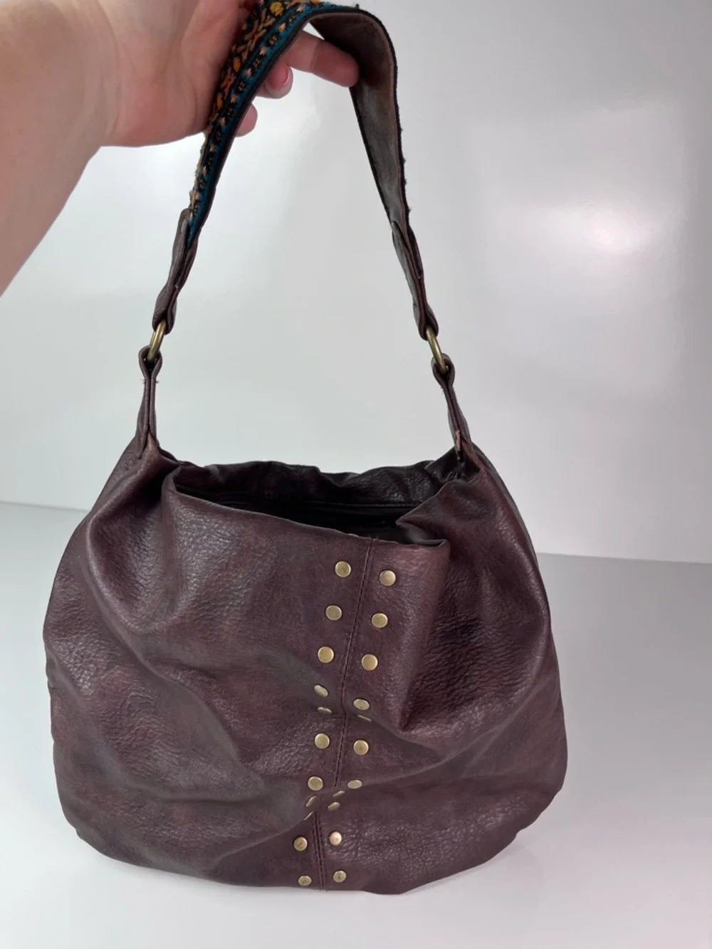 Roxy Brown Faux Leather Hobo Bag Aztec Woven Strap Gold toned Studded Y2K